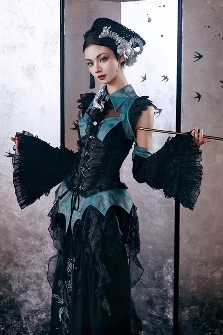 Sky Dragon Chinese Gothic Lolita Embroidered Skirt Set with Print