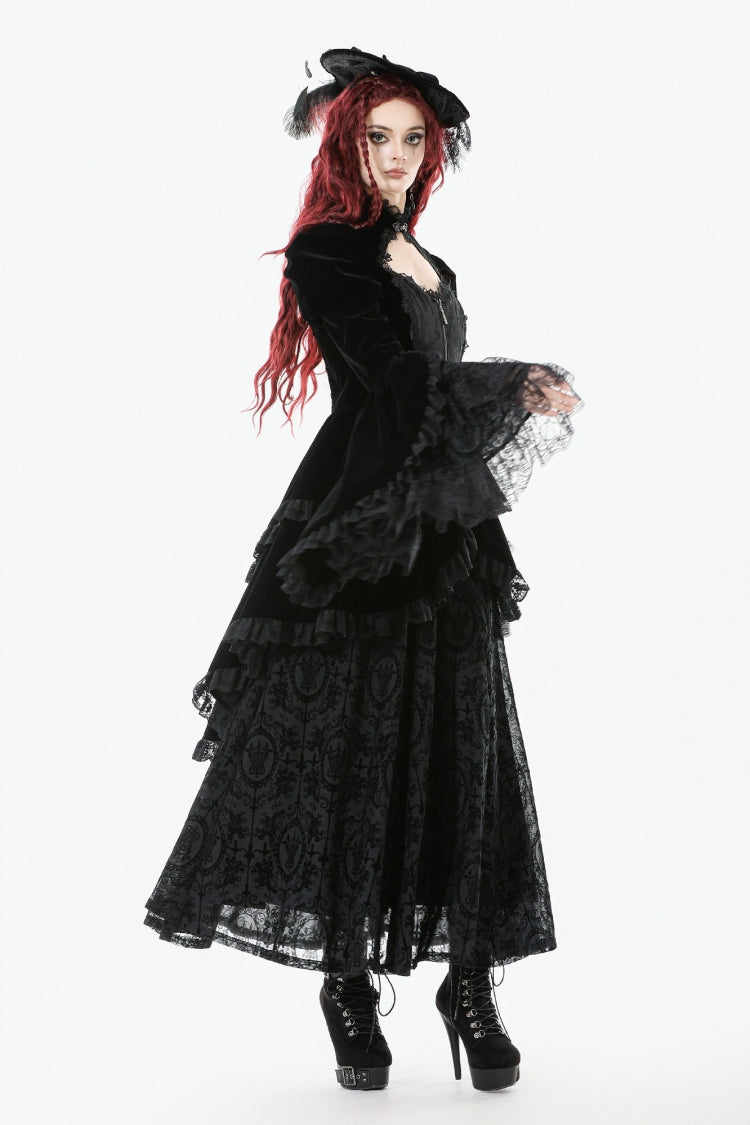 Jet-Black Gothic Coatlet with Layered Ruffles and High-Low Hem for Women