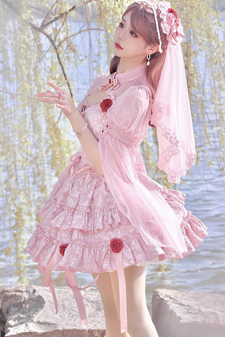 Rosy Mourning Rose Double-Tier Frill Bow Accent Lace Ballet Skirt Set