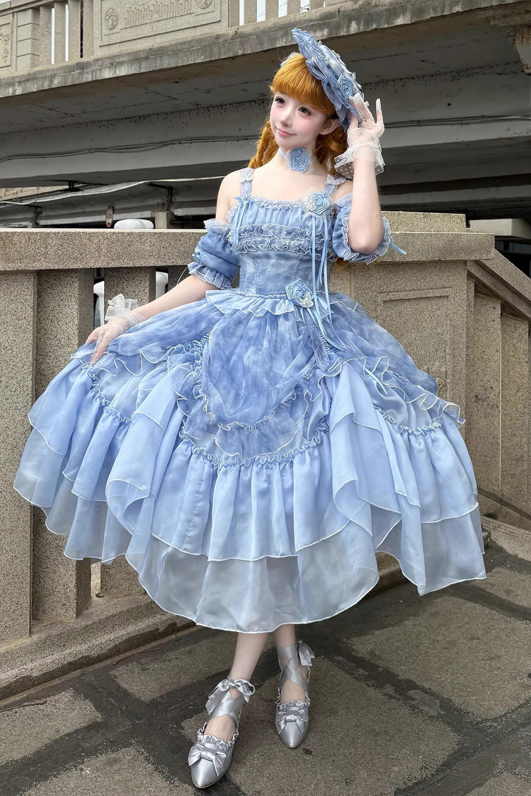 Goodnight Camellia Sleeveless Ombre Multi-Tiered Printed Ruffled Lace Fishbone Sweet Lolita Jumper Dress Three Colors