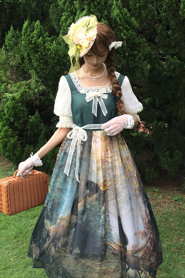 Oil Painting Square-Collar Lolita Dress with Tie-Dye Print