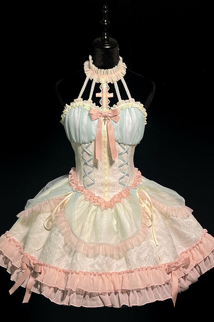 Multi-Color Mermaid Halterneck Lace-Up Sweet Lolita Dress - Ruffled Bowknot