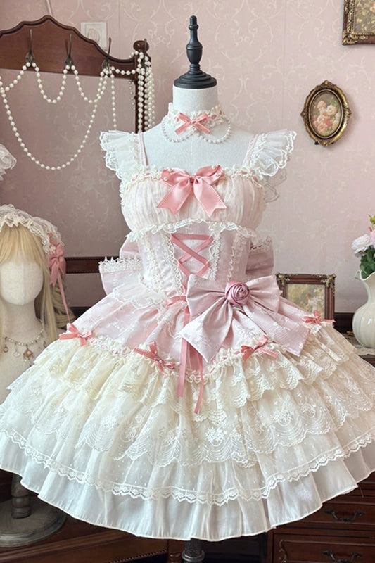 Pink Rose Canticle Sleeveless Multi-Layered Bowknot Lace Lace-Up Pearl Ballet Sweet Lolita Jsk Dress