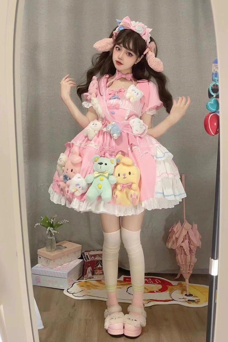 Pink Square-Collar Doll-Print Detachable-Sleeve Bow-Trimmed Princess Sweet Dress
