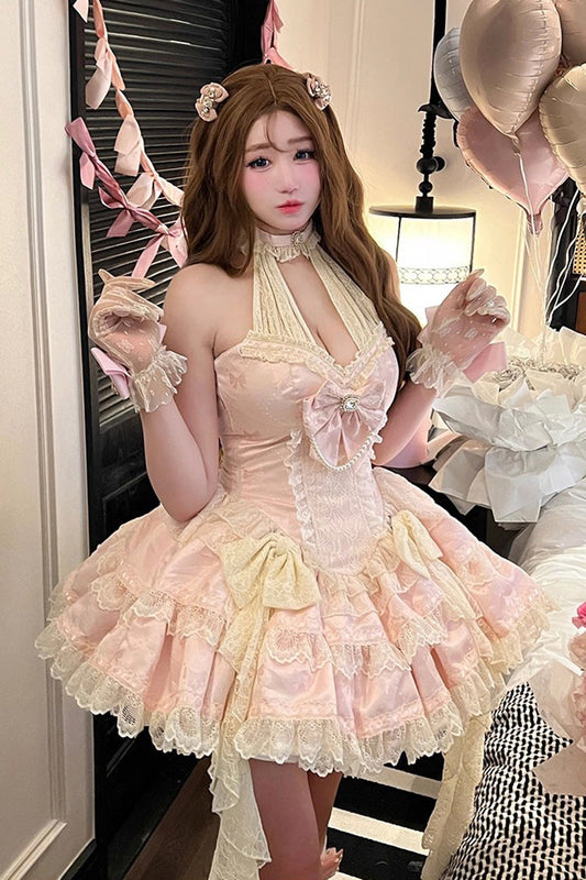 Pink Halterneck Sleeveless Double-Layered Ruffle Bow Lace Dress