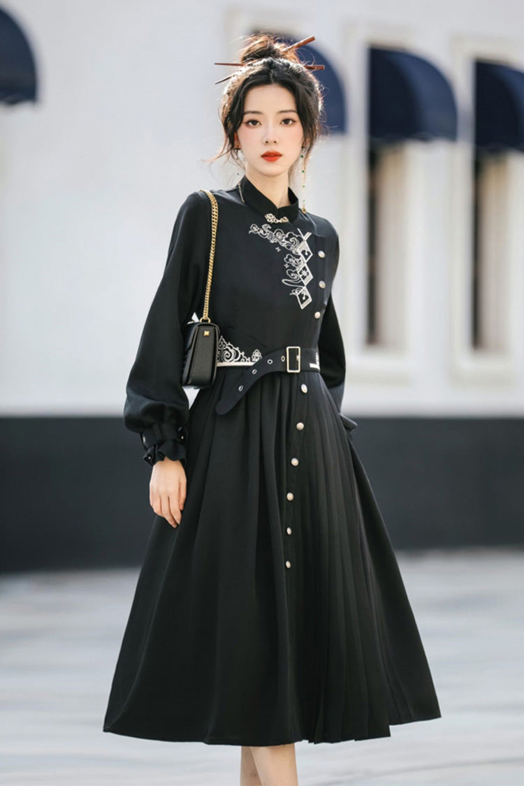 Chinese Style Hanfu Dress with Print and Single Breasted Front