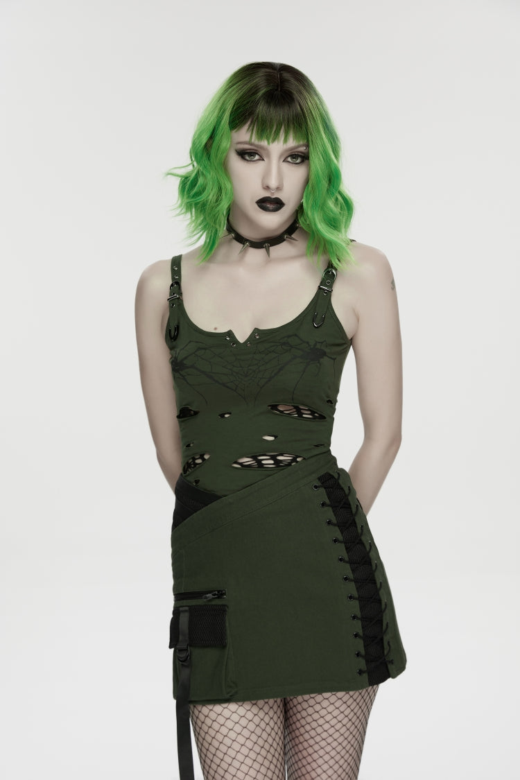 Off Shoulder Slim Ripped Buckled Spider Web Print Vest - Punk
