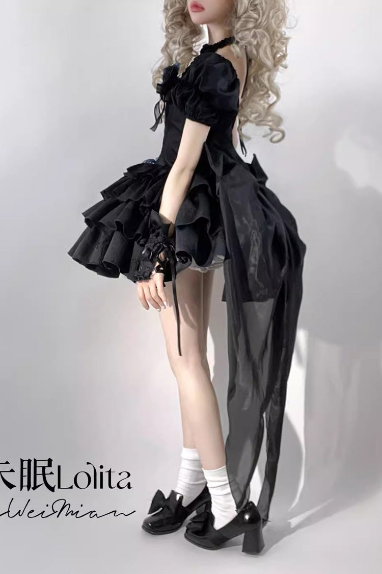 Romantic Black Multi-Layered Ruffle Bowknot Lace-Up Fishbone Short Sleeve Halter Gothic Lolita Gown