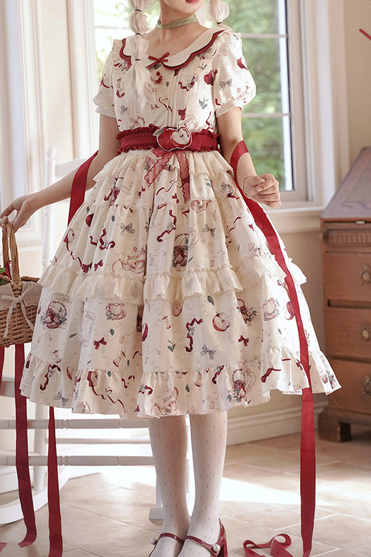 White Apple Tea Printed Country Style Sweet Lolita Dress - Short Sleeved Ruffled