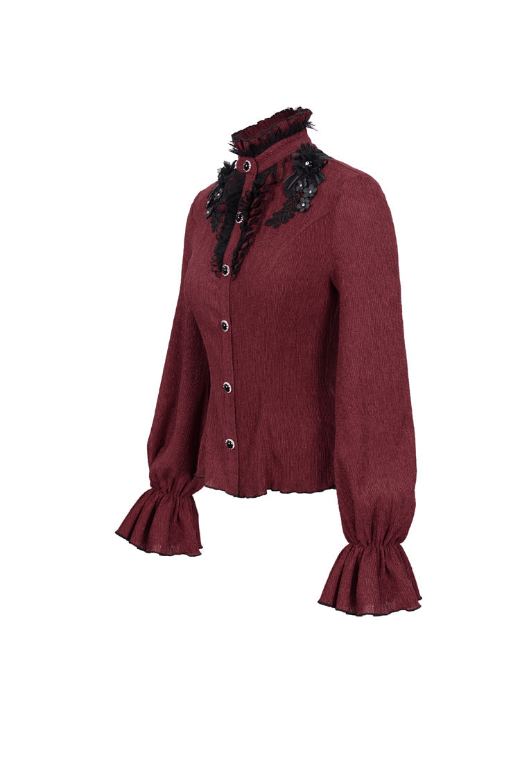 Crimson High Neck 3D Embroidered Lantern Trumpet Gothic Shirt