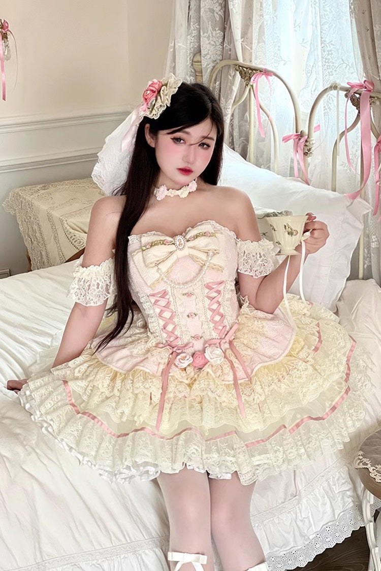 Pink Triple-Layered Ruffled Bow Lace Gorgeous Sweet Lolita Skirt