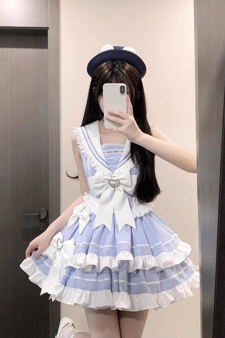 Light Blue Sleeveless Double Layer Lace Sweet Lolita Dress - Ruffled Bowknot