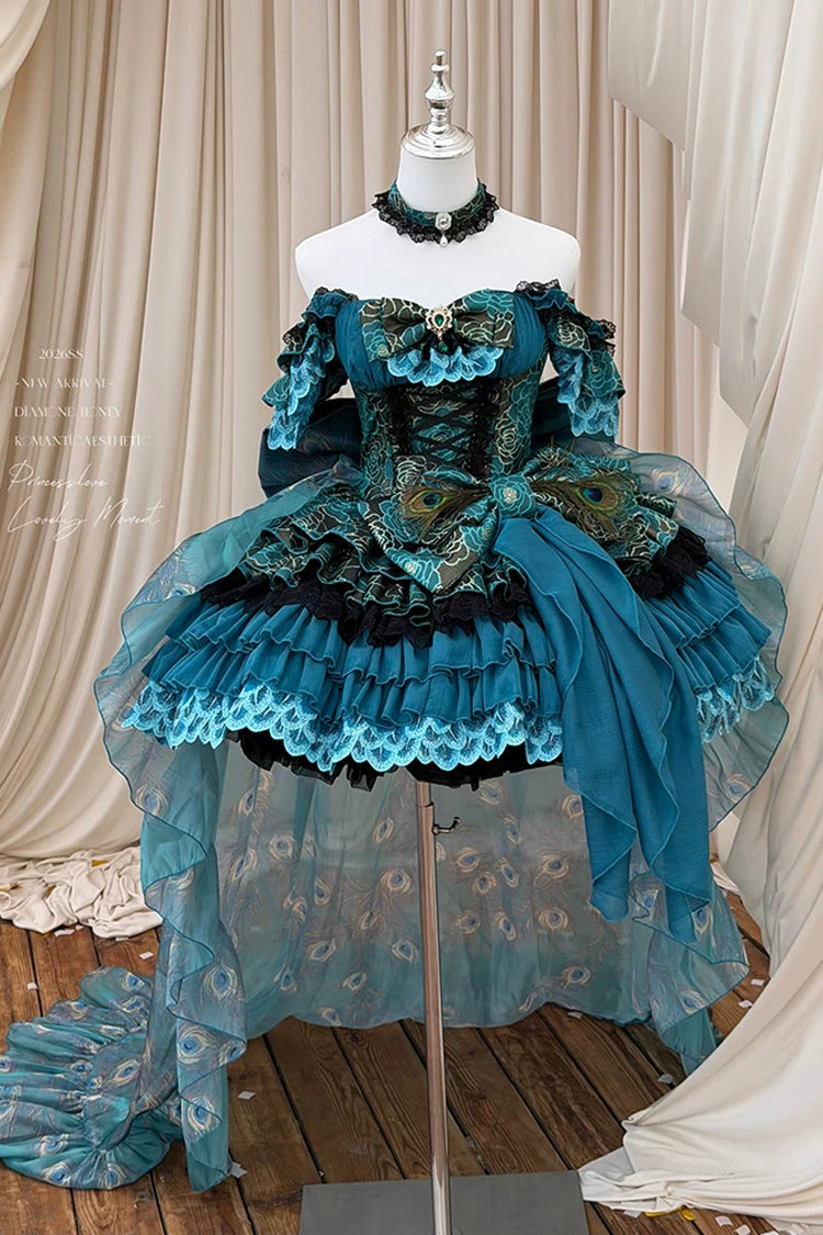 Peacock Sleeveless Ruffled Bow Lace-Up Elegant Lolita JSK - Blue/Green