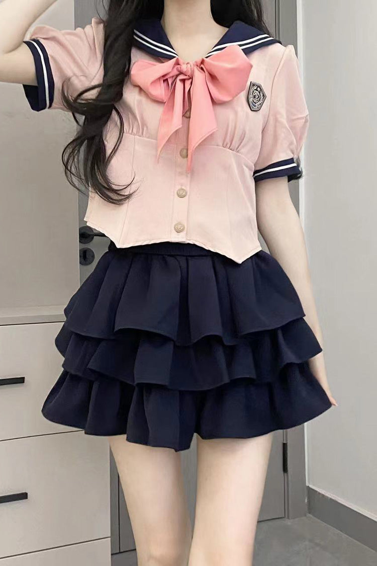 Sweet College Style Skirt Set with Ruffle Bowknot