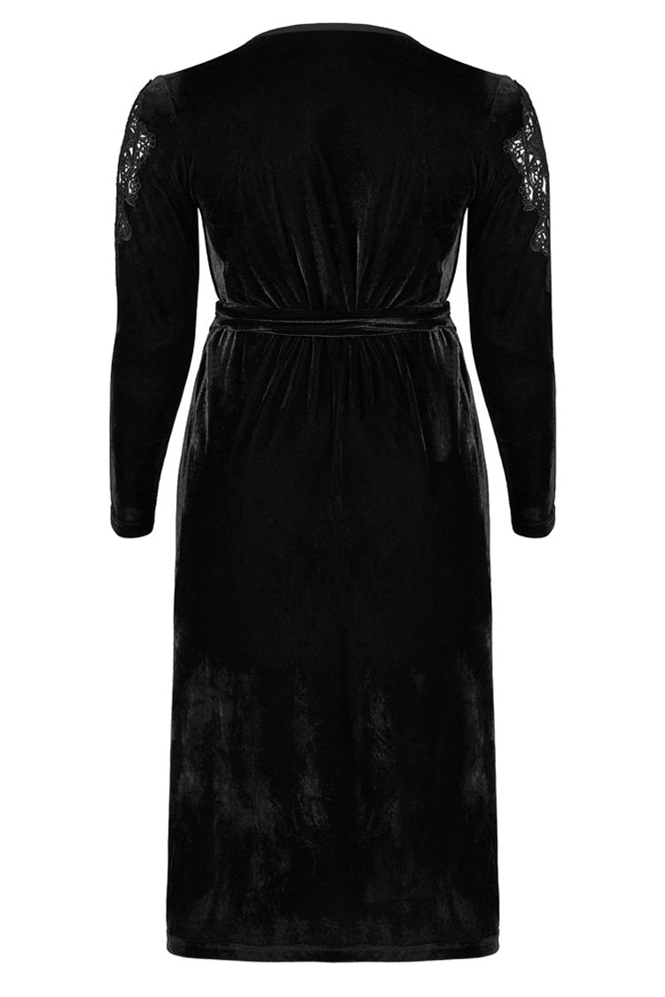 Velvet V-Neck Gothic Dress with Cutout Applique Hem