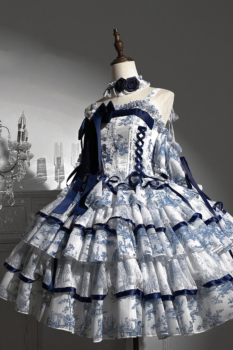 Cerulean and Ivory Sleeveless Bow Print Chinese Classic Sweet Lolita JSK Long Dress with Fishbone Details