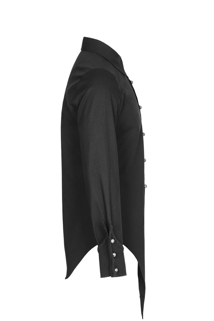Jet-Black Gothic Shirt with Metal Buckle Trim and Sharp Hem for Men