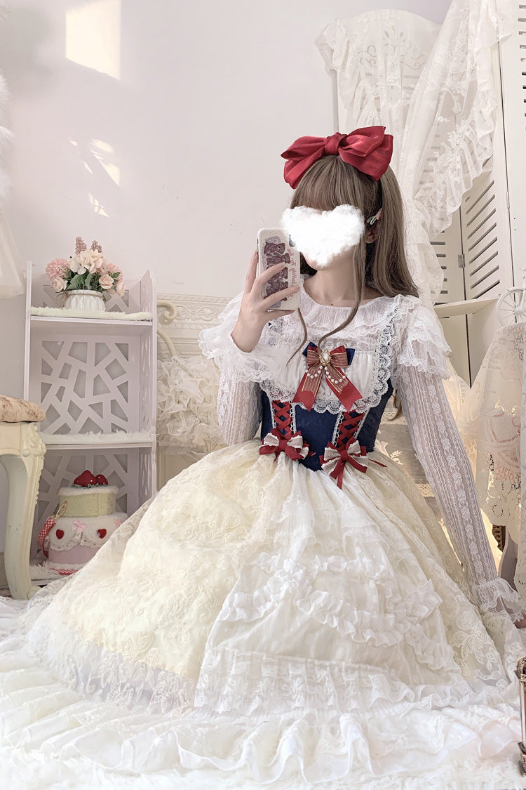 Snow White Ruffle Bow Lace Sweet Lolita JSK Dress, Two Versions