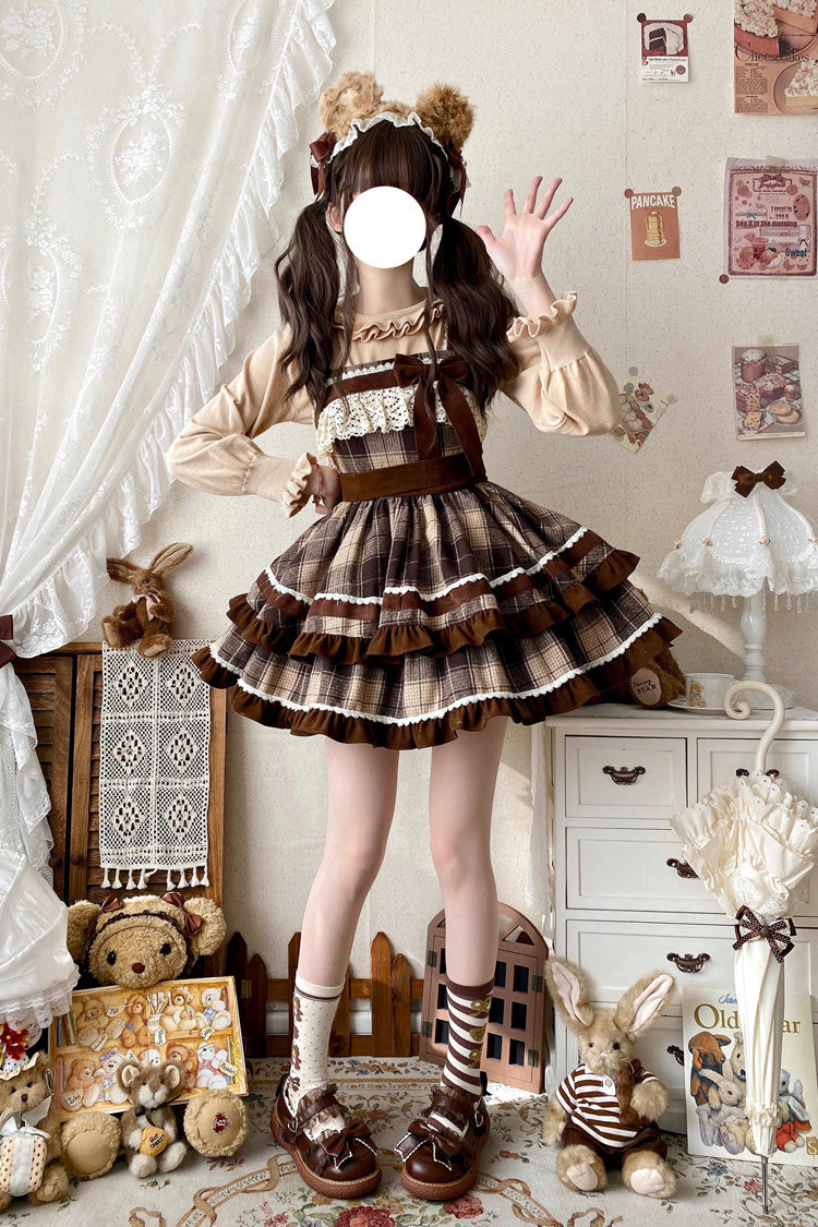 Cocoa Sleeveless Double-Layered Plaid Ruffle Bow Lace Sweet Lolita JSK