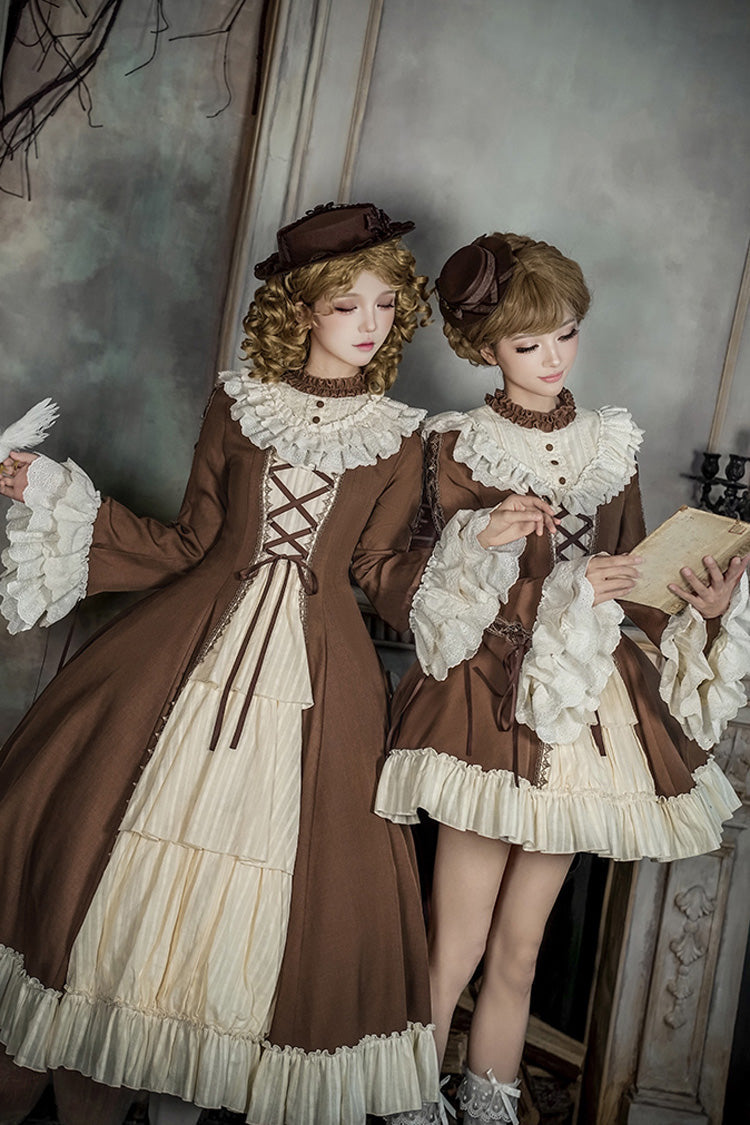Brown Beige Nutcracker Stand Collar Long Trumpet Sleeves Ruffle Cardigan Lace-Up Sweet Lolita Dress Set