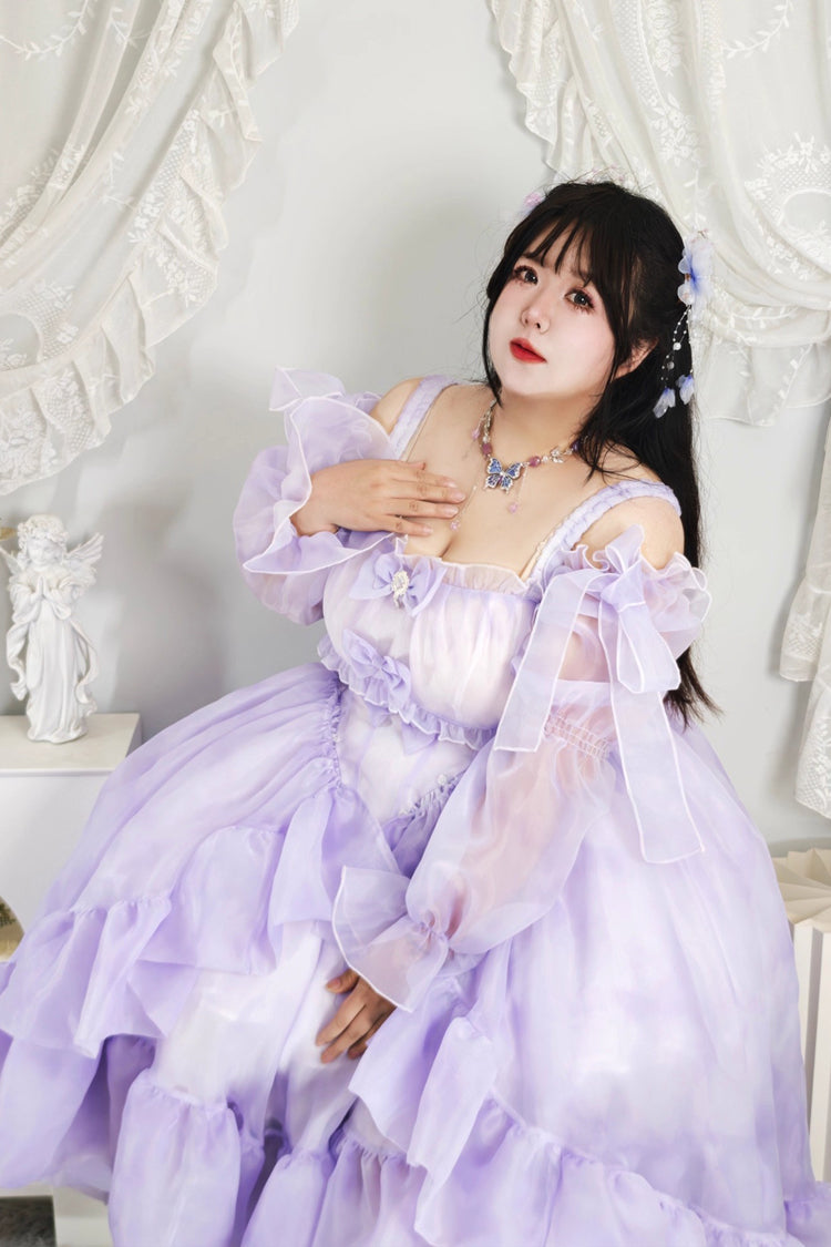 Fall Into The Purple Galaxy Violet Gradient Ruffle Cardigan Bowknot Plus Size Princess Lolita JSK - Fall Into The Purple Galaxy