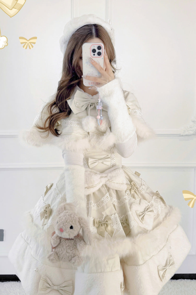 Apricot Princess Tiered Lolita Dress with Double-Layer Bowknot Lace and Cape Detail