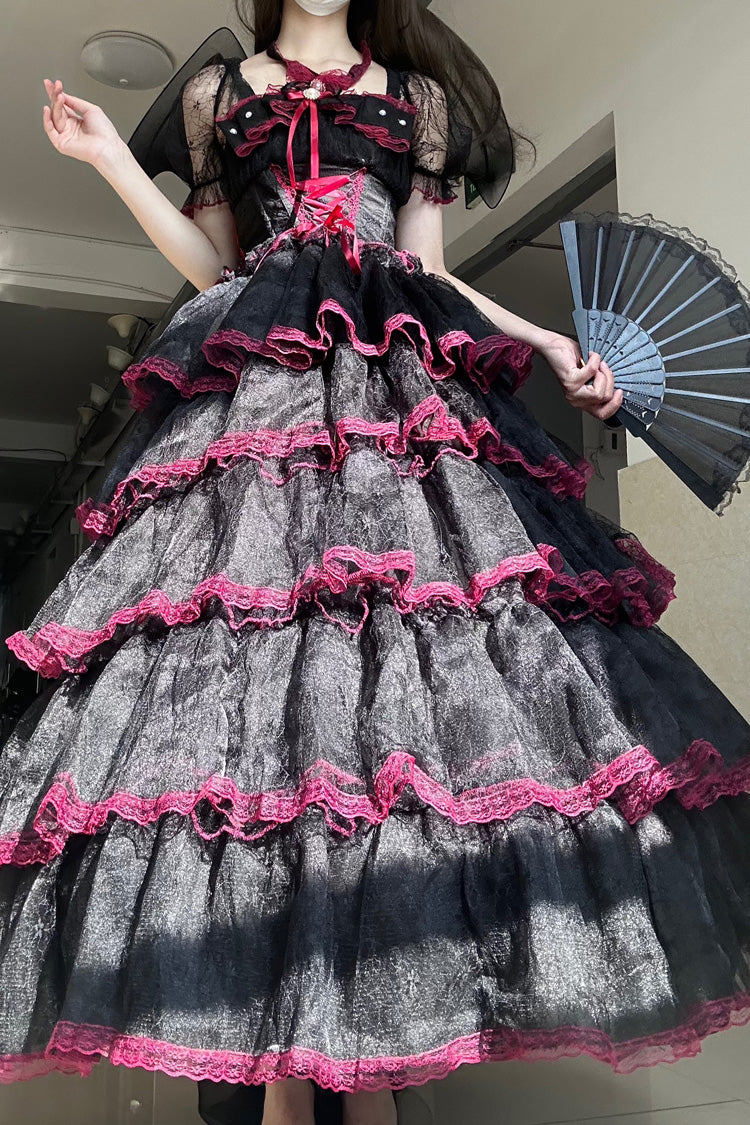 Black/Red Short Sleeves Multi-Layered Ruffled Bow Lace Plus Size Sweet Lolita Dress - Miss Brown