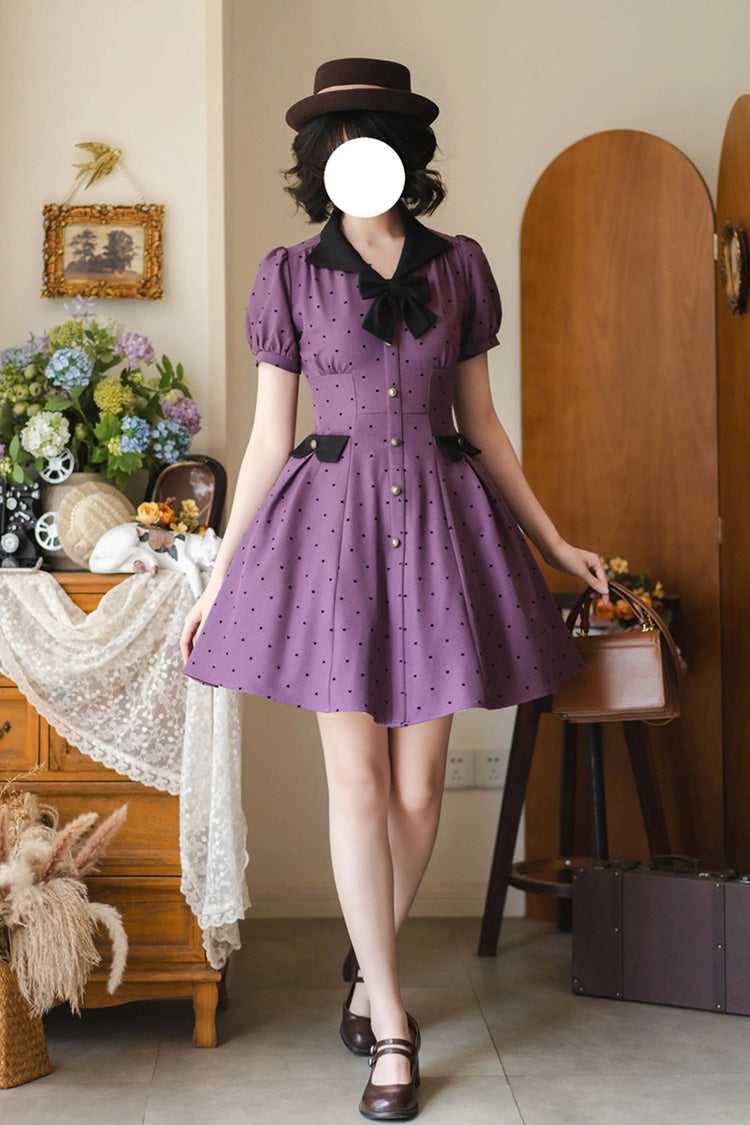 Forest Boulotty Violet Lapel Collar Heart Polka Dot Bow Short Sleeve Lolita Dress - Forest Boulotty