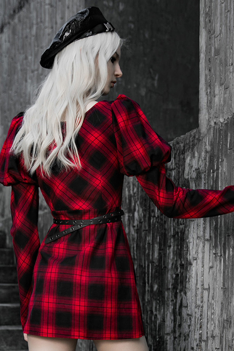 Lattice High Waist Long Sleeve Steam Punk Belted Dress - Black/Red