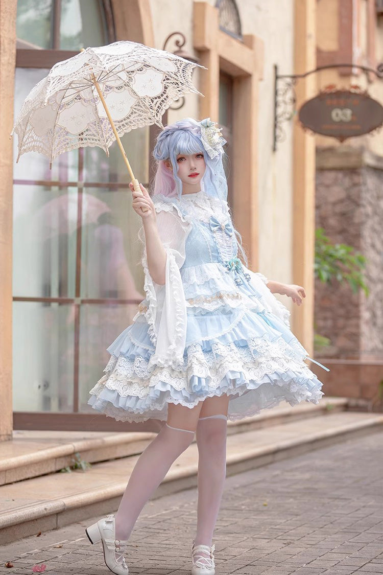 Multi-Layer Sleeveless Undine's Tears Print Ruffle Hanayome Bowknot Sweet Lolita Jsk Dress - 2 Colors