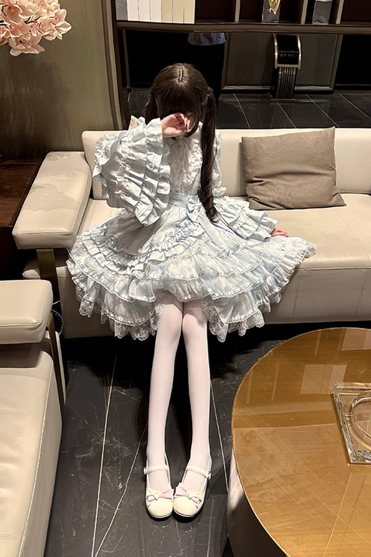 Blue Soloist Doll Long Hime Sleeve Multi-Layer Print Ruffle Bow Asymmetrical Sweet Lolita