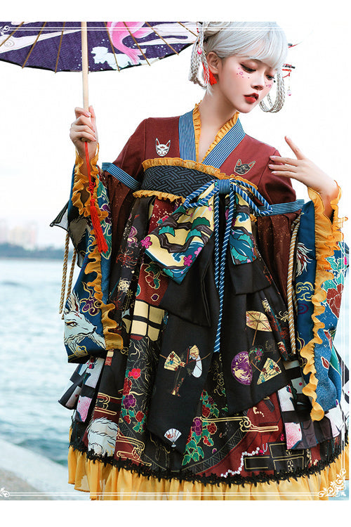 Multicolor OP Dress - Japanese Fox Trick Print Sweet Lolita