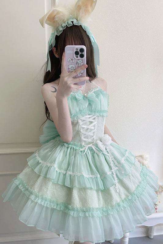 Green Sweet Lolita JSK Halterneck Triple Layered Bowknot Lace
