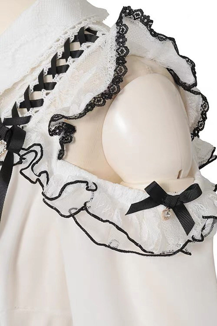 Lapel Off-Shoulder Bow Blouse - Spliced Lace