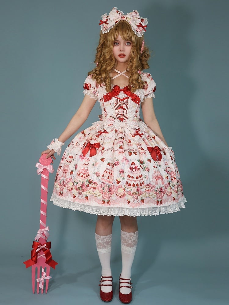 Print Set Dress Full Lolita Bow / Sweet Accents Cake Strawberry White