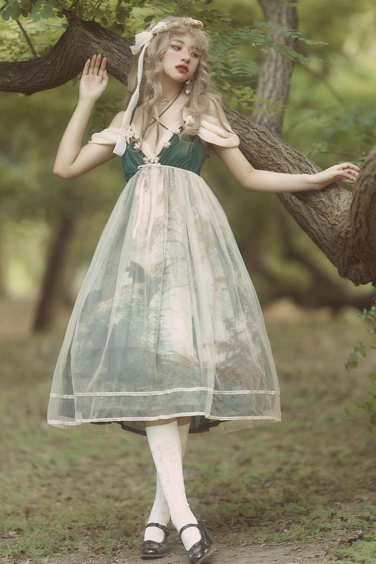 Green V-Neck Morning in Pine Forest Printed Sweet Lolita Jumper Dress