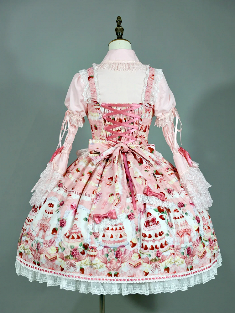 JSK Set Full Accents Print Pink Desserts Lolita Bow Sweet and / Strawberry