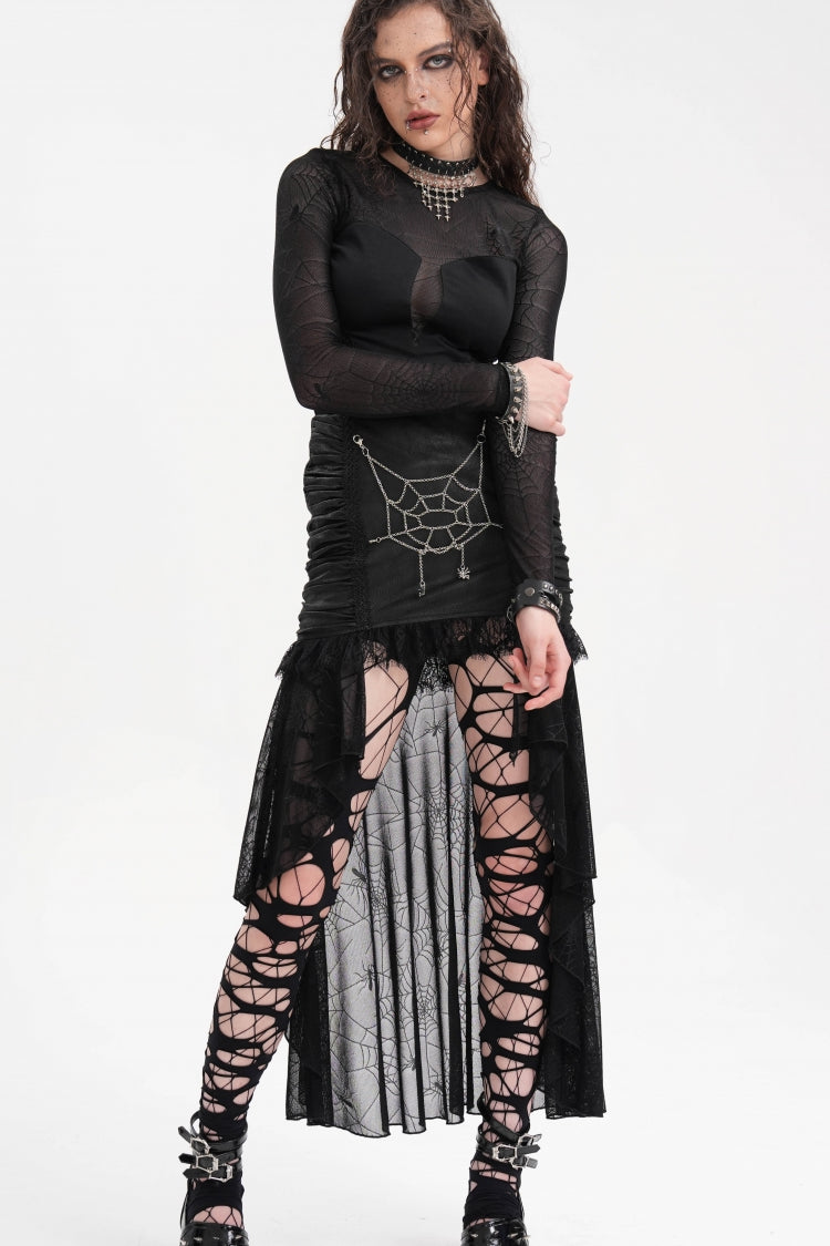 Gothic Skirt with Irregular Hem Lace Chain and Mesh