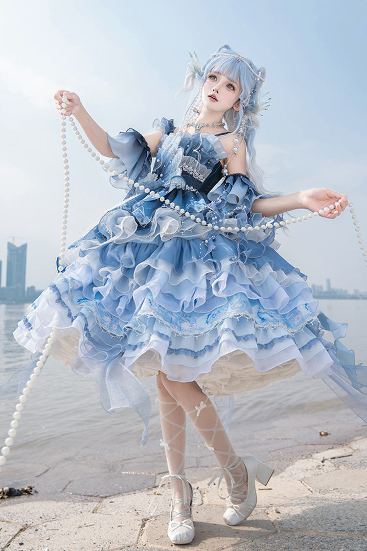 Blue Gradient Lace Embroidery Bowknot Asymmetric Elegant JSK Dress