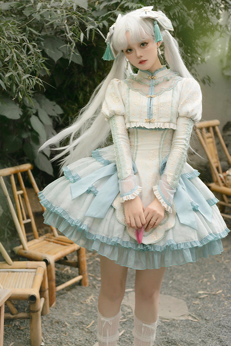 Green Multi-Ruffle Embroidered Chinese JSK