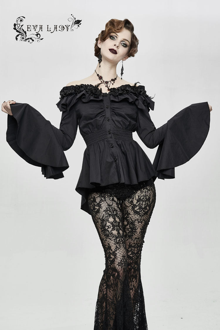 Ink Rose Flower-Decorated One-Word Collar Long-Sleeve Flare Cuff Gothic Blouse for Women
