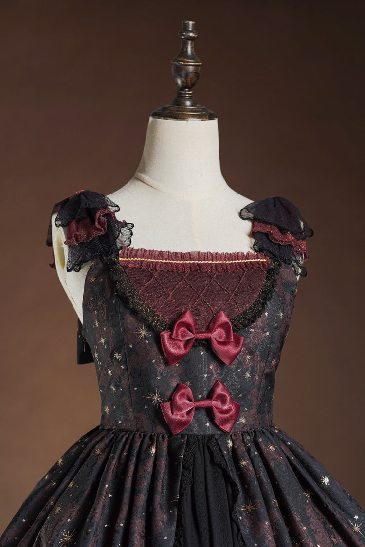 Red Black Triple-Layered Print Ruffle Hot Stamping Cardigan Bowknot Elegant JSK Dress
