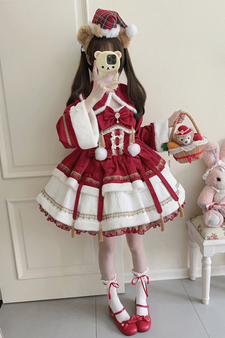 Sweet Two-Piece Dress with Ruffle Sleeves in Red