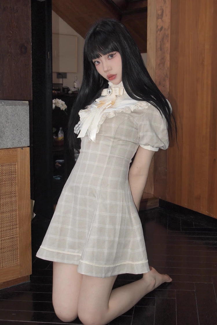 Apricot Plaid Printed Lace Japanese Dress