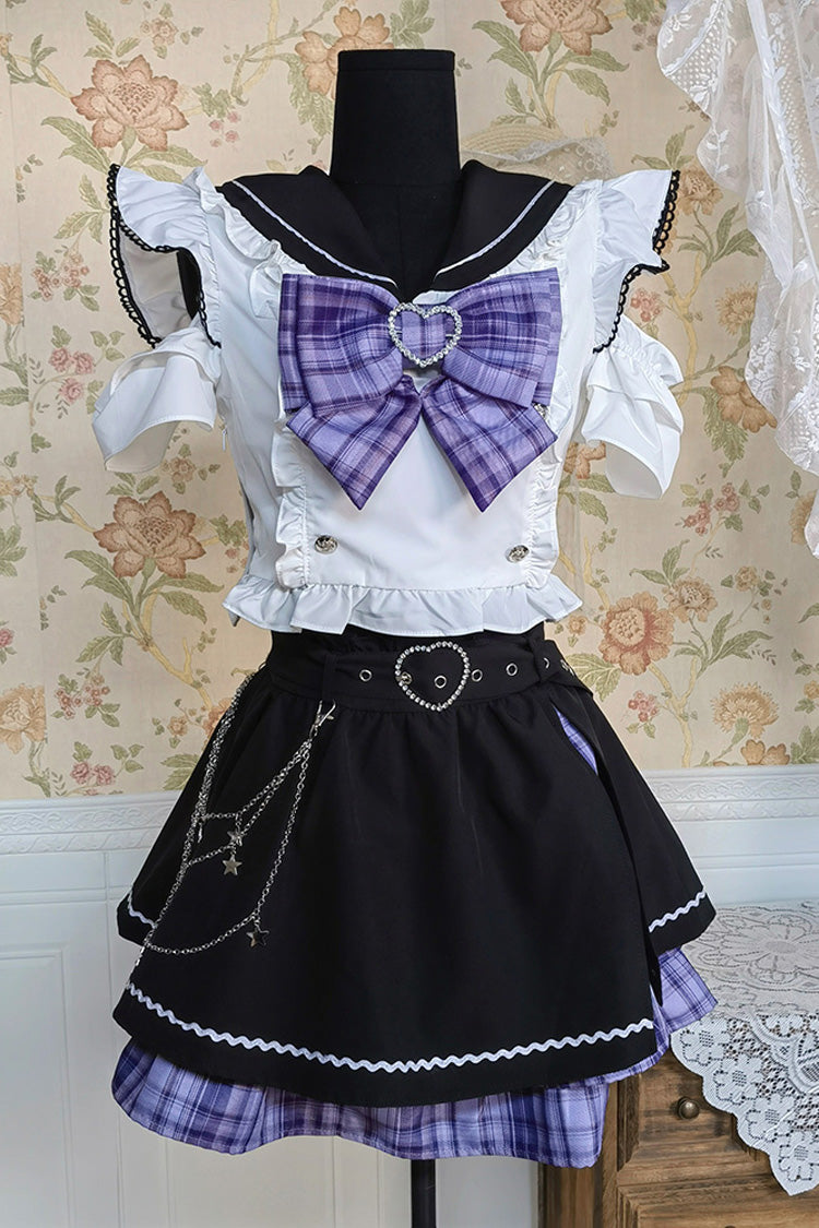 Black and White Bow-Trimmed Short-Sleeve Jirai Skirt Ensemble