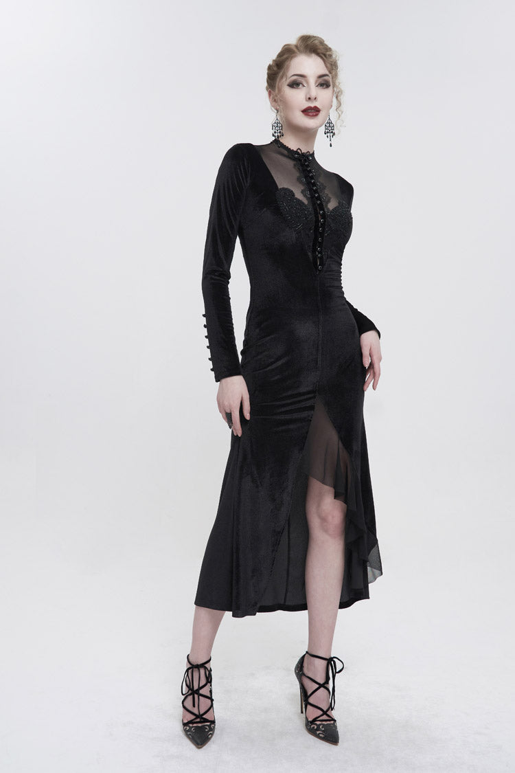 Stand Collar Paisley Lace Mesh Panel Asymmetric Hem Gothic Dress