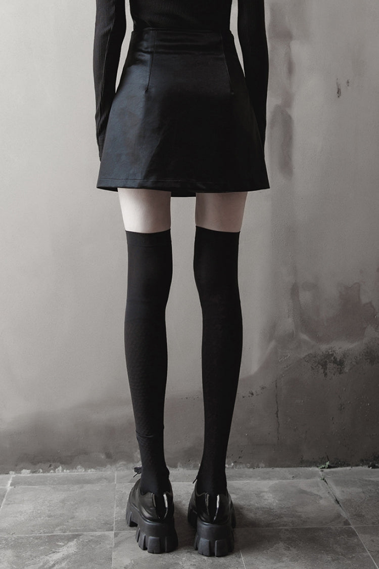 Punk Leather A-Line Skirt with Lace and Rivets