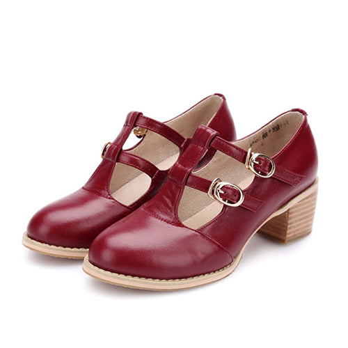 Vintage Wine-Red Mid-Heel Shoes with Double Buckles for Lolita