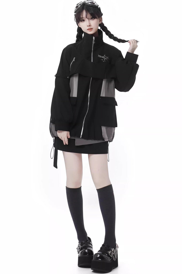 Black Techwear Zip Spliced Gothic Jirai Kei Skirt & Coat Set