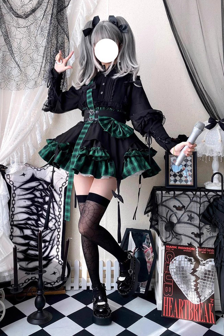 Plaid Print Lolita Skirt with Bowknot, Ruffles, Dark Girl Style